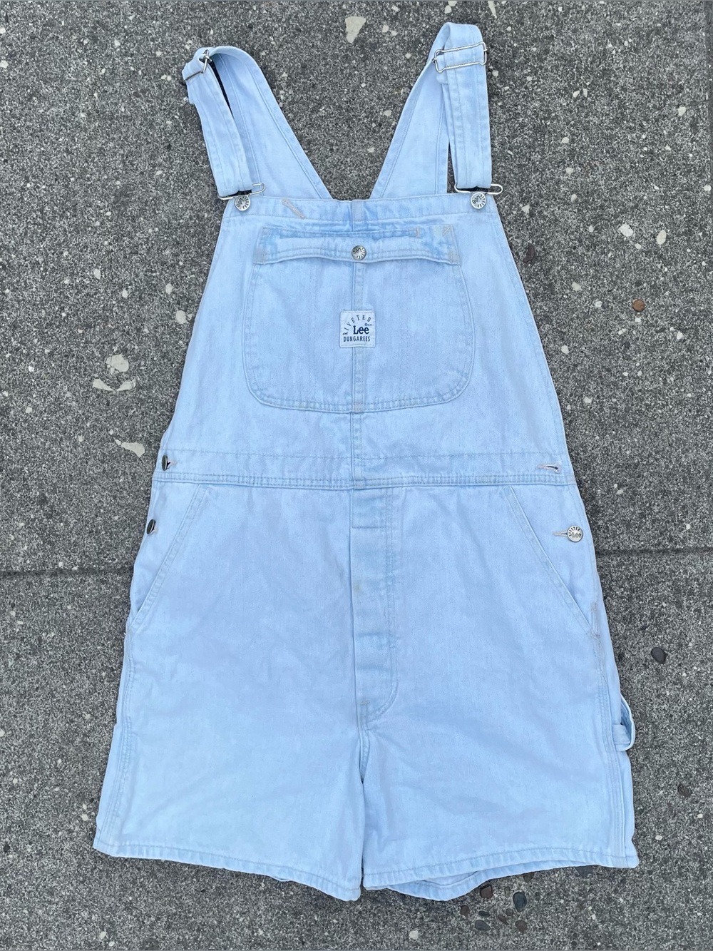 Vintage 90s Lee Riveted lightwash denim carpenter shorts overalls women’s XL